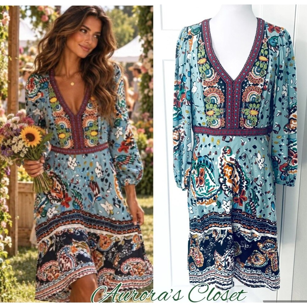 Akemi + Kin 12 Blue Beaded Dress Long Sleeve Anthropologie Paisley V Neck